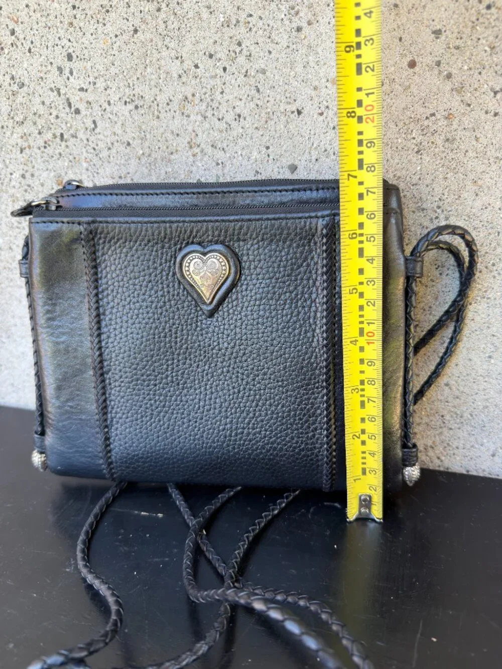 BRIGHTON Women's Black Leather Organizer Crossbody Handbag Braided Straps Hearts